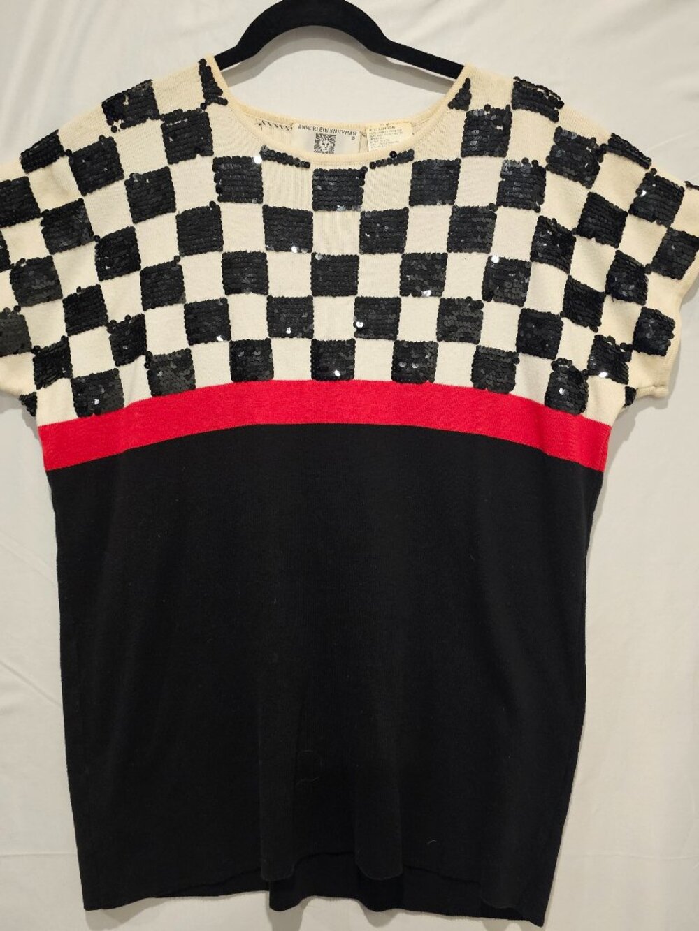 Vintage Anne Klein Sadimara Sequin Checkerboard Knit Top Size M Women's